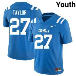 University Powder Blue College Football #27 Forward Rebels Youth Macaleb Taylor Jersey 570376-620 - Image 1